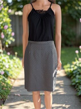 Ann Taylor 100% Silk Polka Dot Pencil Skirt Black Blue Tan Size 8 Lined